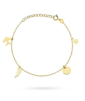 Gold bracelet with a star, circle, wing, and swallow