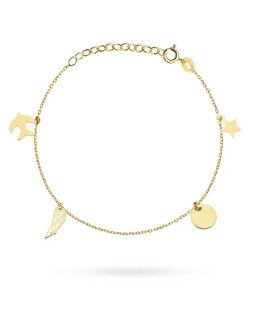 Gold bracelet with a star, circle, wing, and swallow