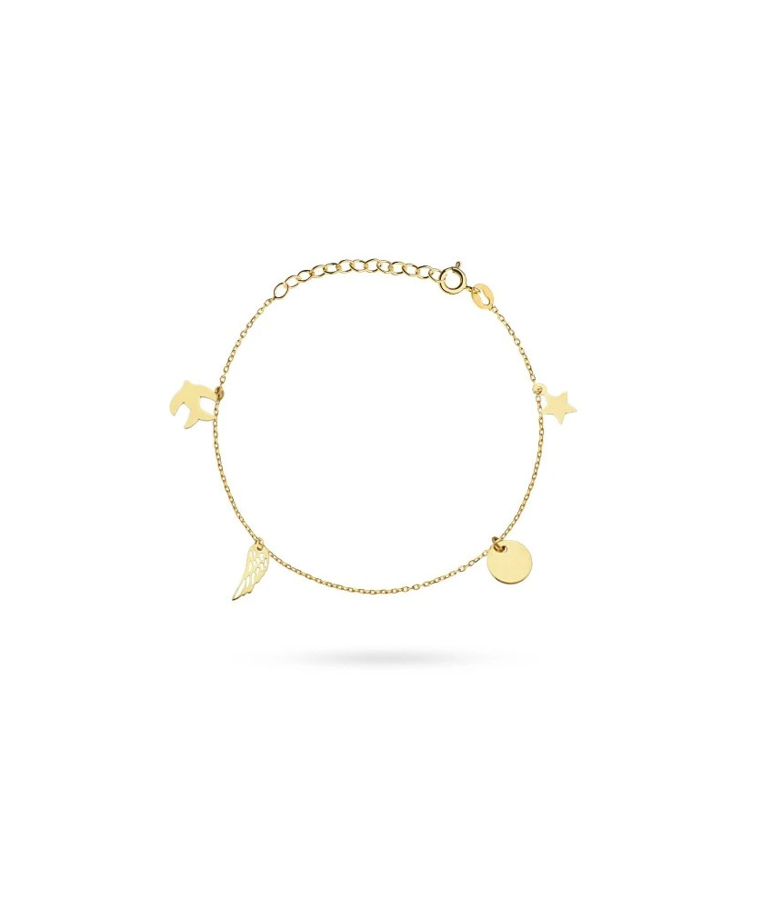 Gold bracelet with a star, circle, wing, and swallow
