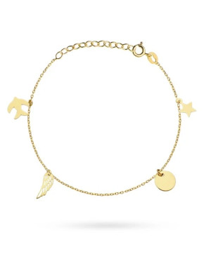 Gold bracelet with a star, circle, wing, and swallow