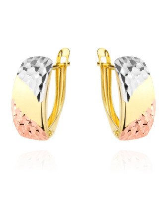 Gold earrings rectangular partially diamond-cut three colors of gold