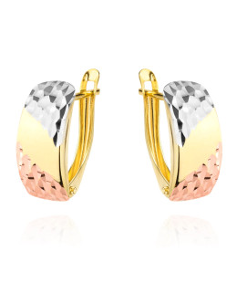 Gold earrings rectangular partially diamond-cut three colors of gold