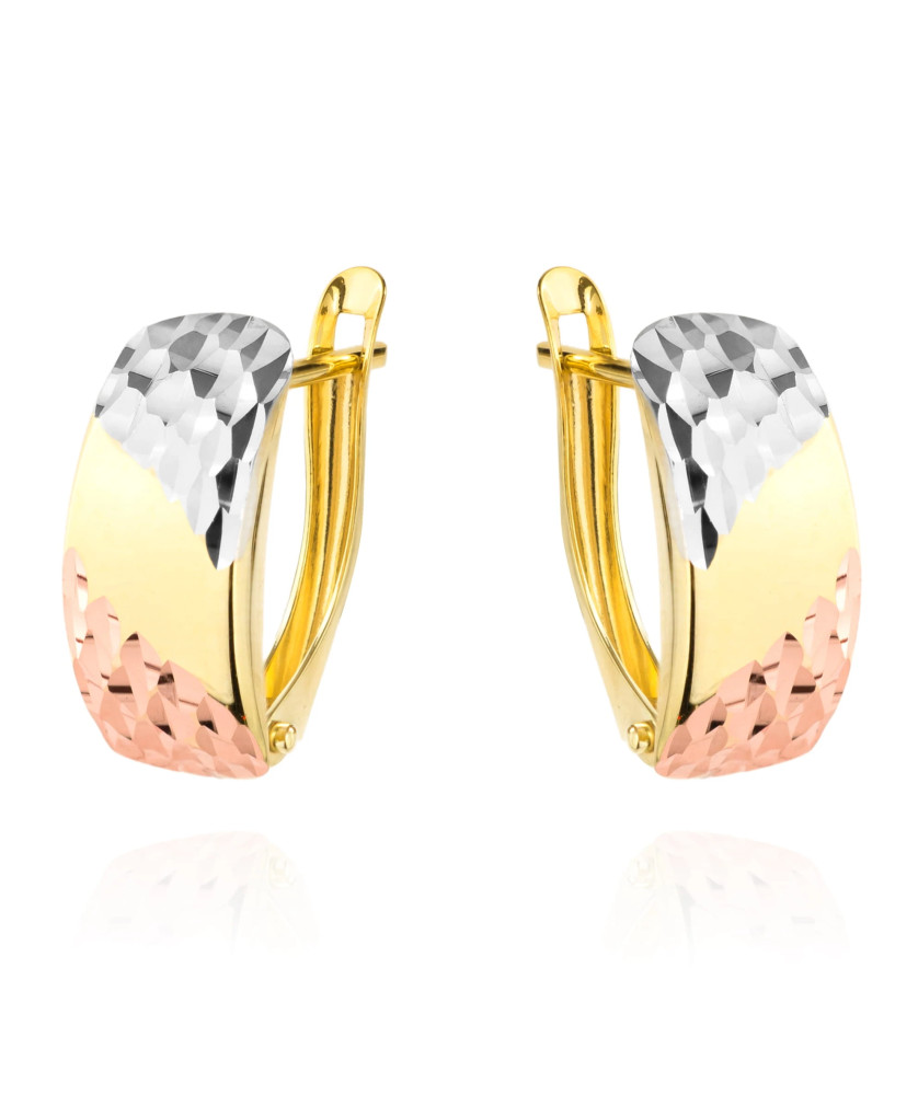 Gold earrings rectangular partially diamond-cut three colors of gold