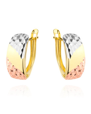 Gold earrings rectangular partially diamond-cut three colors of gold