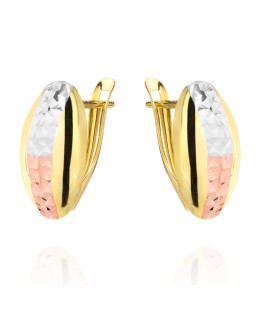 Gold earrings oval diamond-cut three colors of gold