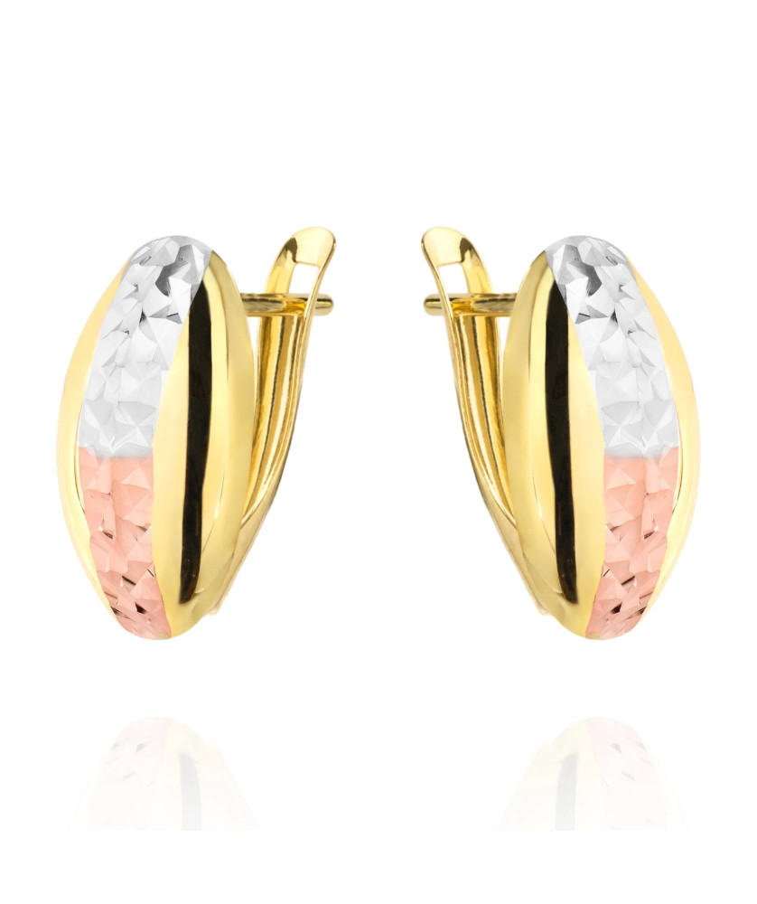 Gold earrings oval diamond-cut three colors of gold