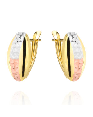 Gold earrings oval diamond-cut three colors of gold