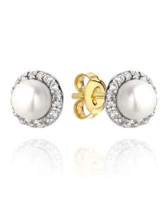 Gold earrings with a pearl surrounded by zircons