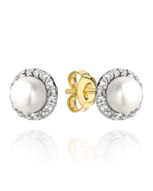 Gold earrings with a pearl surrounded by zircons
