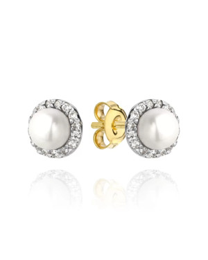 Gold earrings with a pearl surrounded by zircons