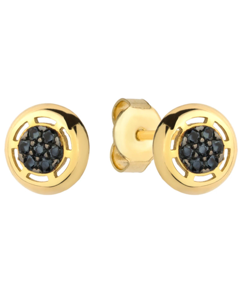 Gold round earrings and a hoop with black zircons in the center