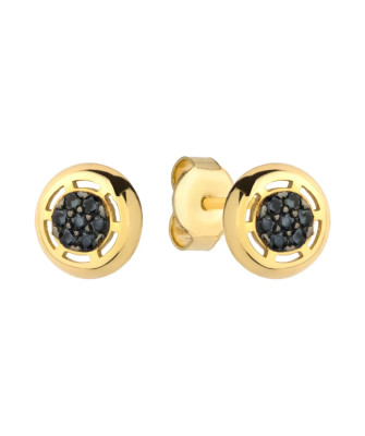 Gold round earrings and a hoop with black zircons in the center