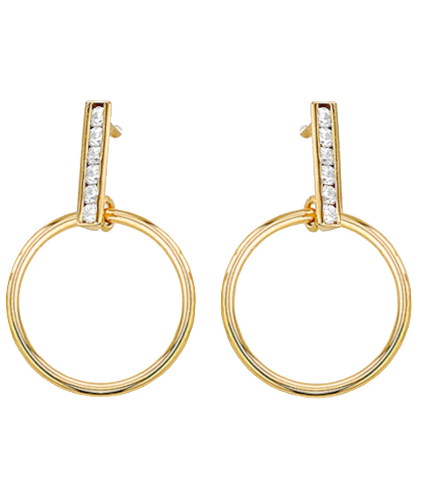 Gold hoop earrings suspended on a rod with zircons