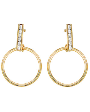Gold hoop earrings suspended on a rod with zircons