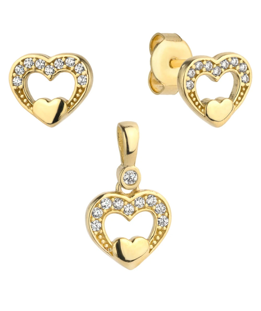 Complete earrings + pendant convex heart in heart with zircons