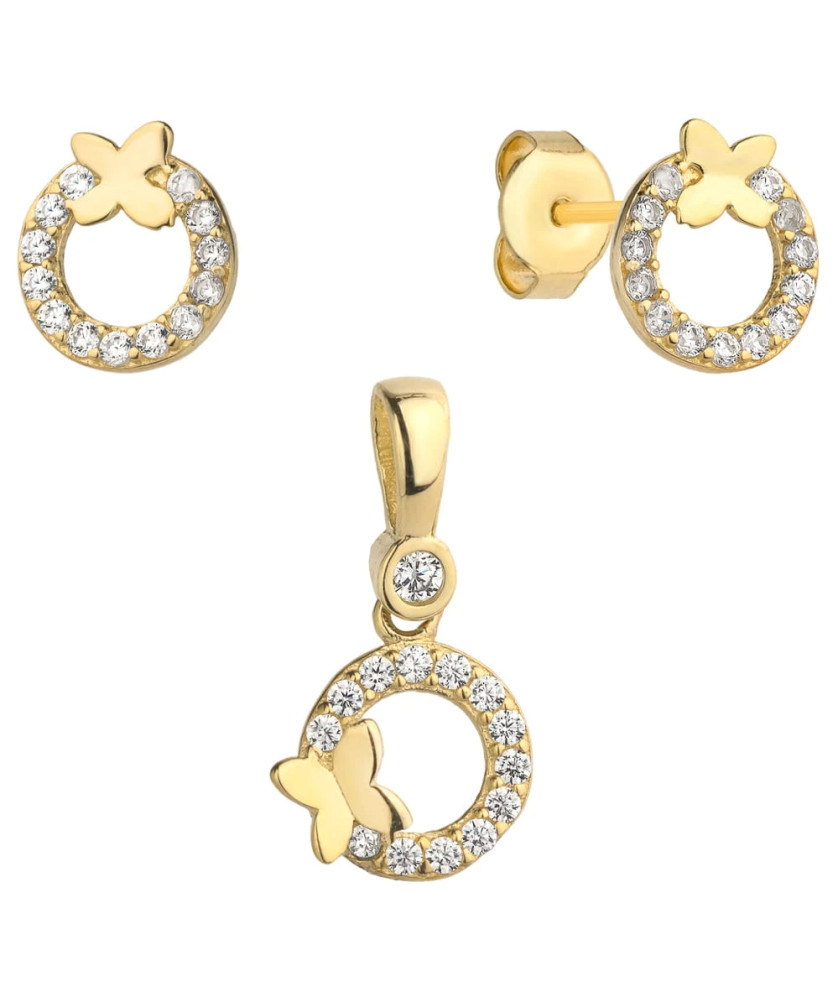Complete earrings + pendant golden butterfly in a circle studded wi...