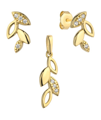 Complete earrings + pendant golden leaves with zircons