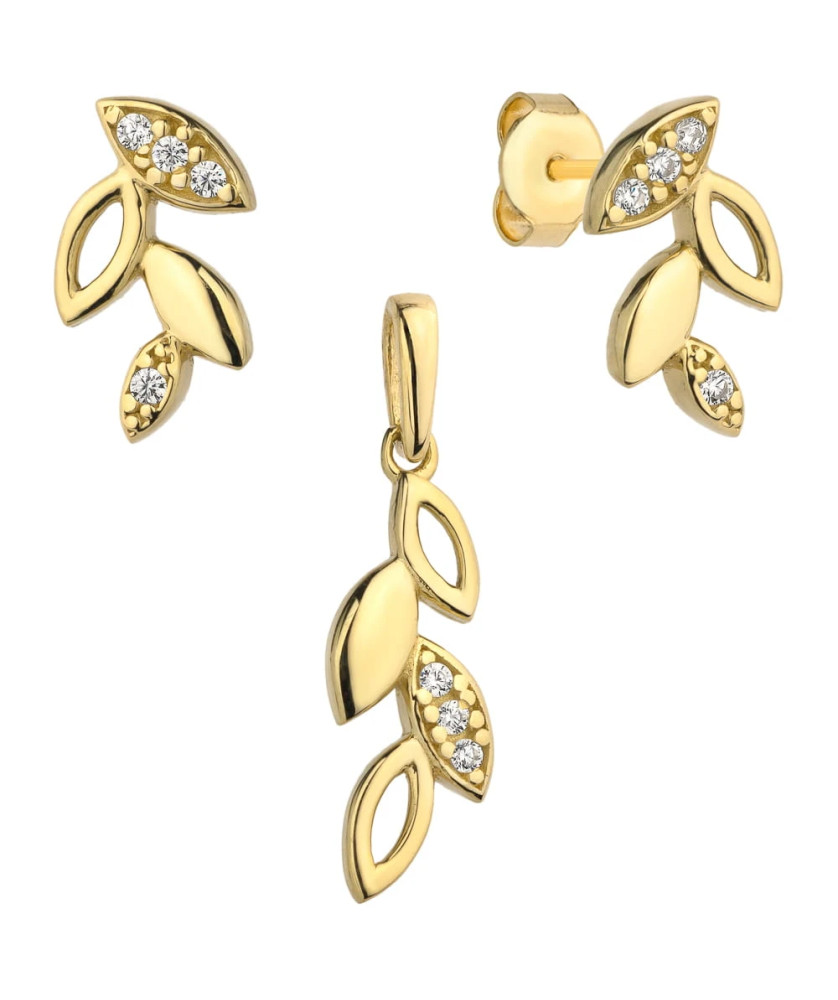 Complete earrings + pendant golden leaves with zircons