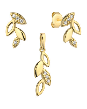 Complete earrings + pendant golden leaves with zircons