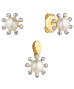 Complete earrings + pendant gold flower with pearl and zirconia