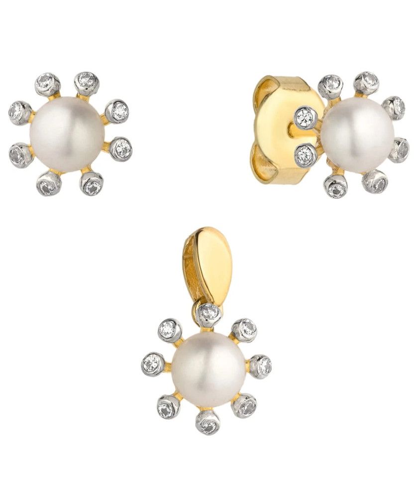 Complete earrings + pendant gold flower with pearl and zirconia