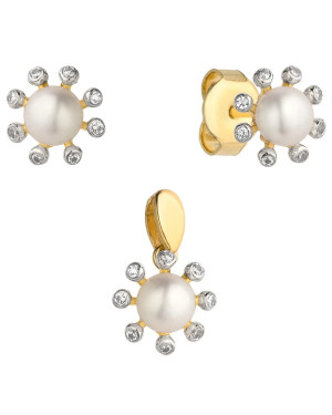 Complete earrings + pendant gold flower with pearl and zirconia