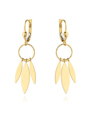 Gold earrings smooth leaves on a diamond-cut hoop