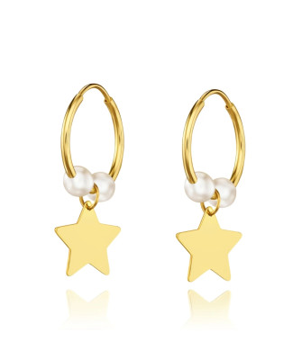 Gold Hoop Earrings Eclat Pearl with Star 14k Test