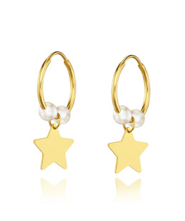 Gold Hoop Earrings Eclat Pearl with Star 14k Test