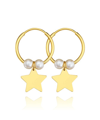 Gold Hoop Earrings Eclat Pearl with Star 14k Test