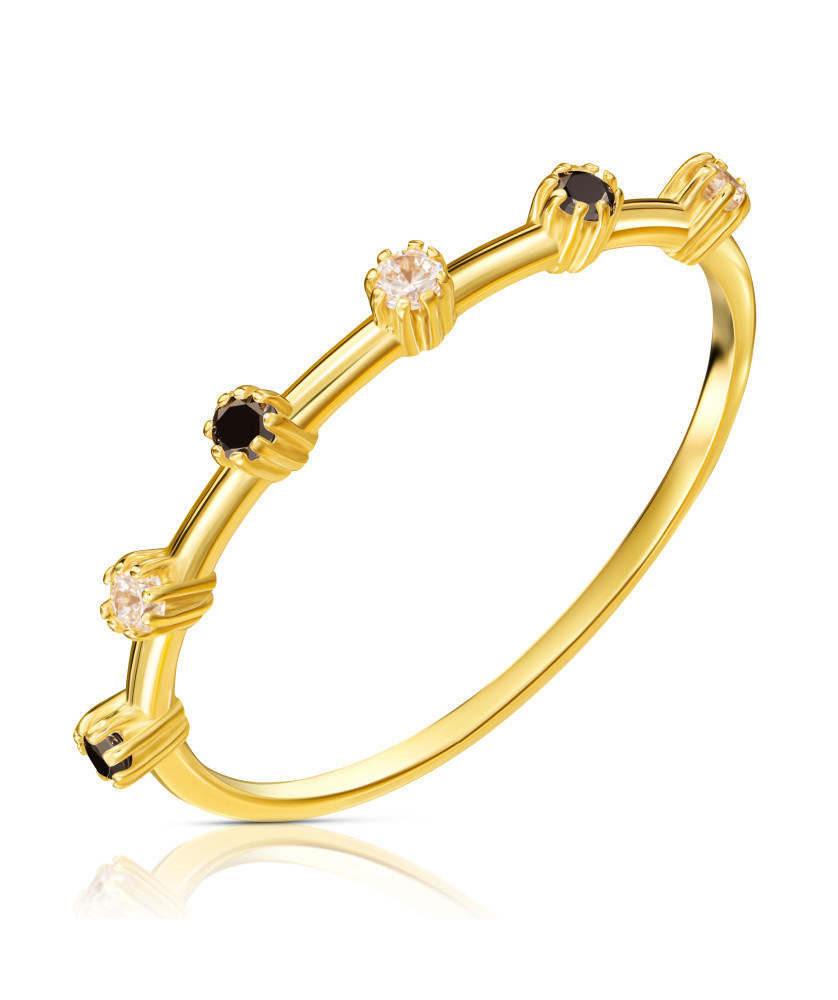 Gold ring with black and white zirconia