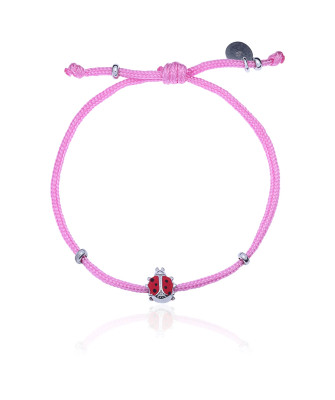 Silver bracelet PINK string LADYBUG