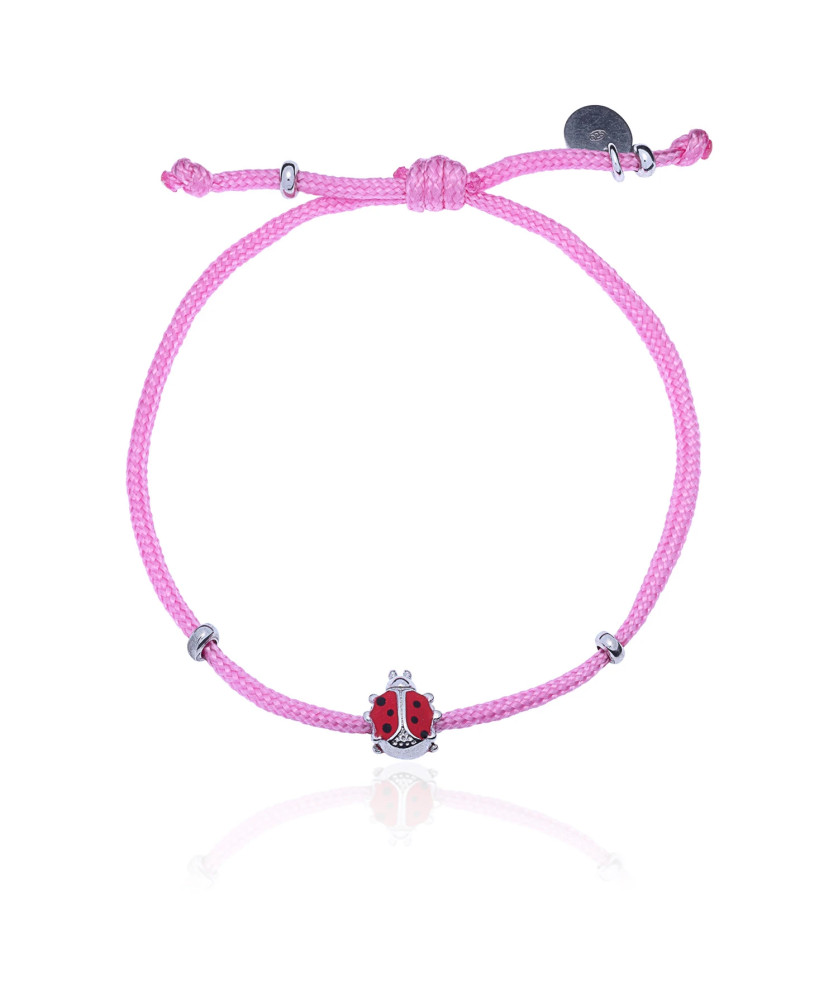 Silver bracelet PINK string LADYBUG