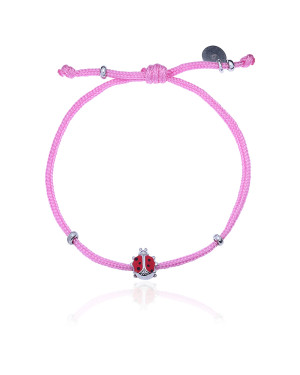 Silver bracelet PINK string LADYBUG
