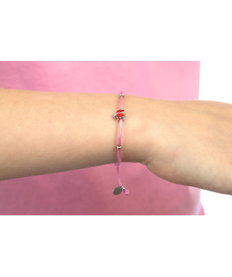 Silver bracelet PINK string LADYBUG