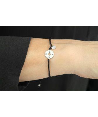 Silver bracelet BLACK string ROSE OF THE WINDS