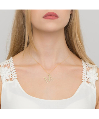 Gold celebrity necklace 14k (14k) large M diamond