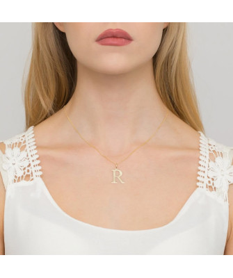 Gold celebrity necklace 14k (14k) large R diamond