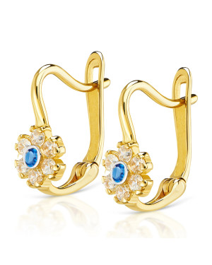 Gold earrings for a girl 14k flower blue stone