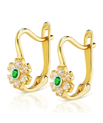 Gold earrings for a girl flower with green stone 14k