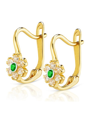 Gold earrings for a girl flower with green stone 14k