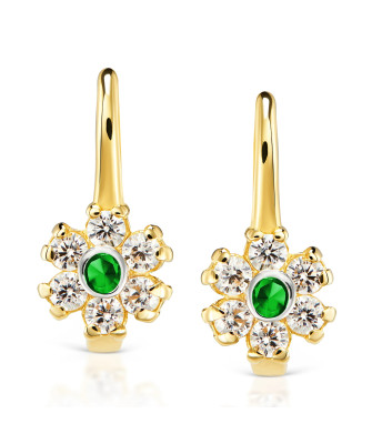 Gold earrings for a girl flower with green stone 14k