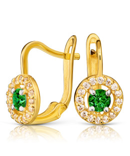 8K Gold Earrings with Green Cubic Zirconia and Leverback Clasp