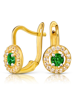 8K Gold Earrings with Green Cubic Zirconia and Leverback Clasp