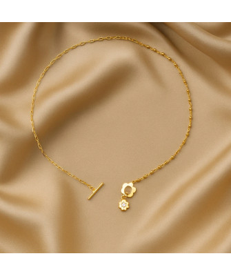 Gold-plated necklace two zircon flowers
