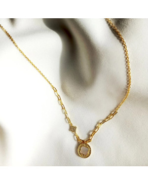 Gold-plated necklace circle and clover zirconia