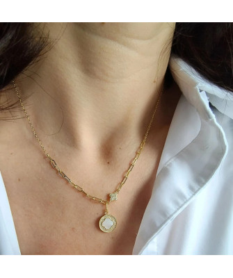 Gold-plated necklace circle and clover zirconia