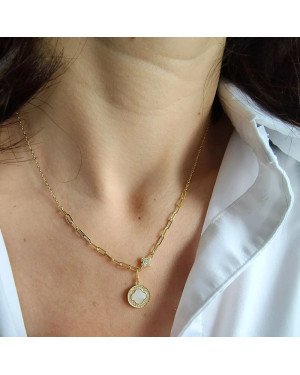 Gold-plated necklace circle and clover zirconia