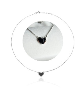 Silver necklace diamond-cut black heart