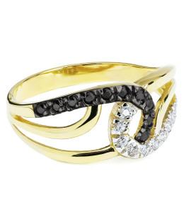 Gold ring interwoven black and white zircons